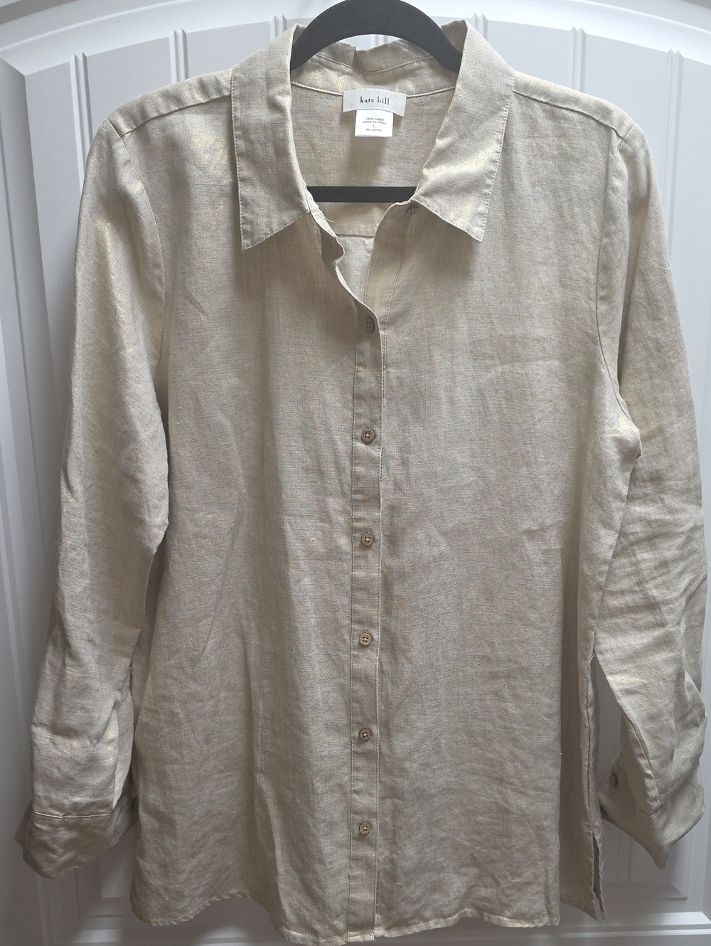 Kate Hill Womens Natural Linen Button-Down Shirt L